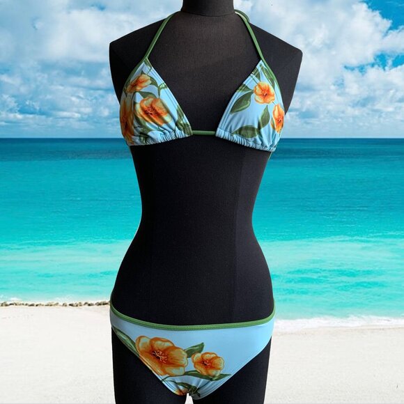 Billabong BLUE CRUSH era Vintage Blue & green floral triangle set RARE - Picture 1 of 7